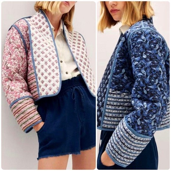 Jackets & Blazers - Womens Reversible Quilted Patchwork Boho Floral Cottagecore Jacket Pink Blue M